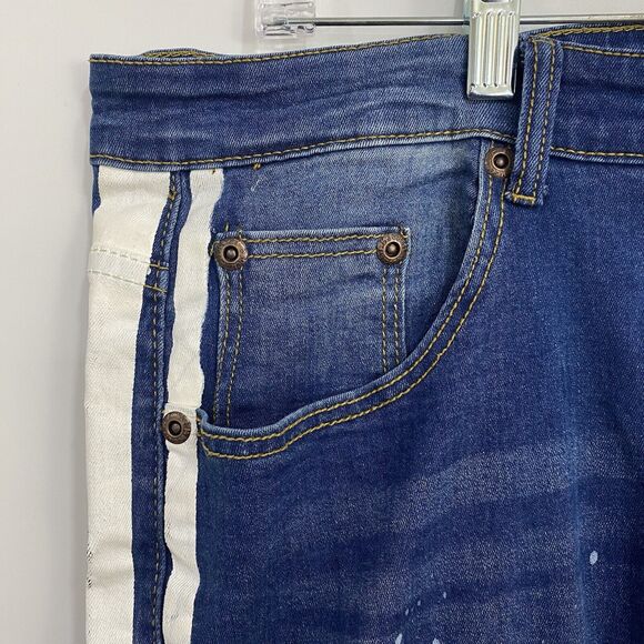 M Society Denim Jeans Mens Actual Size 38Wx31 Blue Paint Splattered Side Stripes - Picture 5 of 13